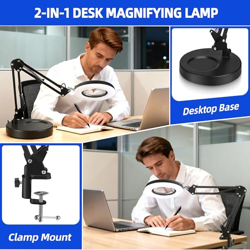 Akynite 12X Magnifying Glass with Light and Stand,5 Color 9 Levels Dimmable | Hands Free, Flexible Robot Arm, USB, with Adapter, Dual Base, 144 LED, Real Glass Magnifying Desk Lamp for Craft Close Work