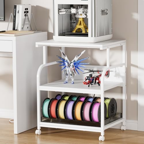 VECELO Adjustable Large Printer Stand with Power Outlet, 3-Tier Heavy Duty Cart on Lockable Wheels, Office Storage Table for Home Office, 3D Printer, Fax Machine, Scanner, Classic White - color: Classic White