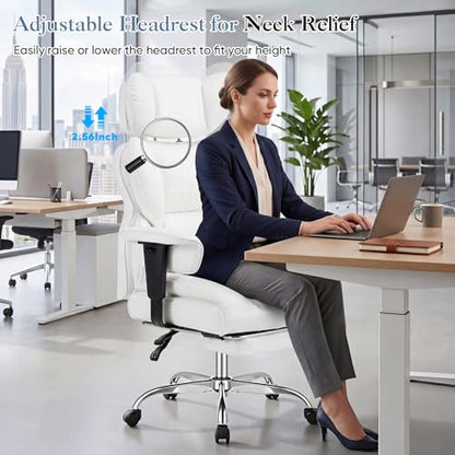 DUMOS Big and Tall Home Office Desk Chair, Executive Chair with Footrest - color: White-l, size: Adjustable Armrest