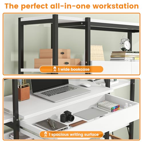Triple Width 5 Tier Bookshelf with Sorage Cabinet,70.87"large Bookshelf with 12 Open Display Shelves,Industrial Bookshelf LED Lighting and Power Outlet.Suitable for Office Bedroom, Black+White - color: Black+white