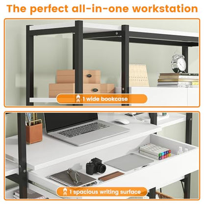 Triple Width 5 Tier Bookshelf with Sorage Cabinet,70.87"large Bookshelf with 12 Open Display Shelves,Industrial Bookshelf LED Lighting and Power Outlet.Suitable for Office Bedroom, Black+White - color: Black+white