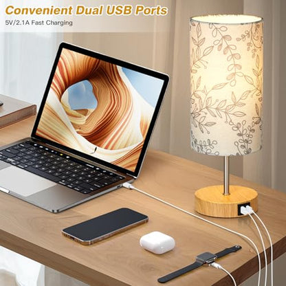 CINSARY Bedside Touch Lamps for Nightstand with 2 USB Charging Ports, 3 Way Dimmable Wood Bedroom Lamp with Flower Fabric Shade, Small Table Lamp for Living Room Reading Desk (LED Bulb Included) - color: Flower-3