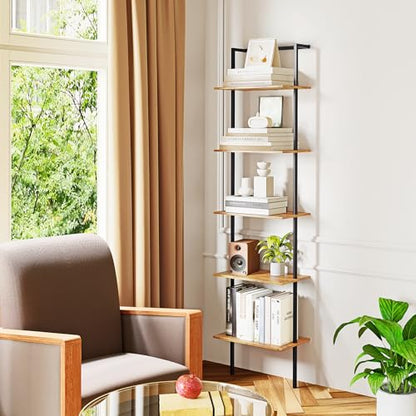 5-Tier Wall Mounted Ladder Shelf, Rustic Brown, 64.7" H - color: Rustic Brown, size: 5 Tier
