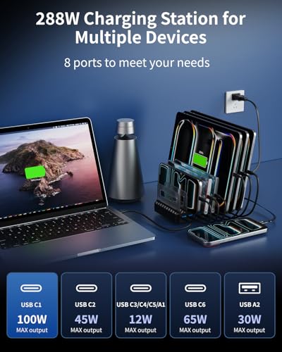 288W Charging Station for Multiple Devices, 8-Port Multi USB C Fast Charger Station Dock with Adjustable Dividers & 7 Cables,Multi-Purpose Desktop and Wall Fast Charger for iPhone, iPad,Tablets & More