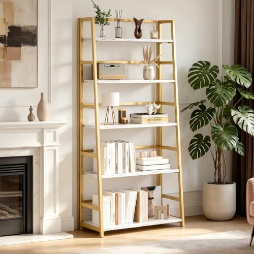 JSB 5 Tier Bookshelf, No Assembly Folding Ladder Bookshelf, 51.6in Tall Foldable Ladder Shelf, Bookcase for Home Office, Living Room,Space-Saving (White & Gold, 5 Tier) - color: White & Gold