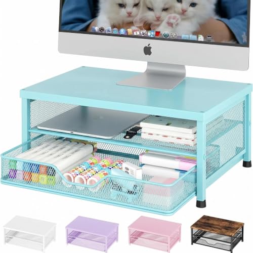 OPNICE Computer Monitor Stand Riser, Desk Organizer with Drawer, Printer & Laptop Stand, Office Desk Accessories & Workspace Desktop Organizers Storage for Office Supplies(Blue) - color: Blue, size: 14 x 9.1 x 5.6