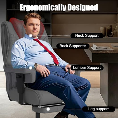 Big and Tall Office Chair with Foot Rest, High Back Computer Desk Chair - color: Grey