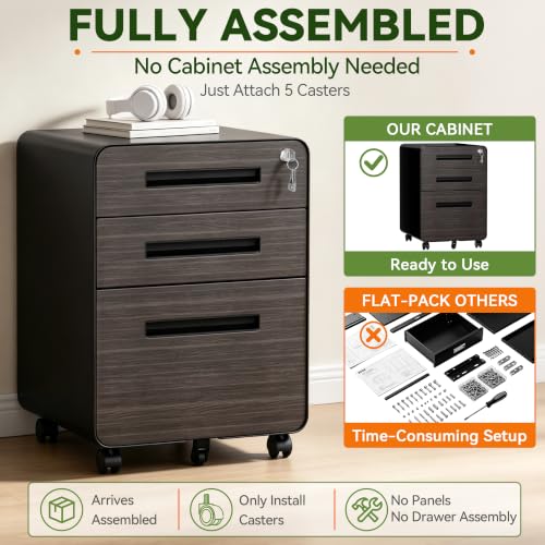 SAWJEC 3 Drawer Mobile File Cabinet with Lock, Fully Assembled, Black - color: 02l-black Brown