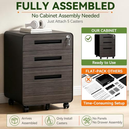 SAWJEC 3 Drawer Mobile File Cabinet with Lock, Fully Assembled, Black - color: 02l-black Brown
