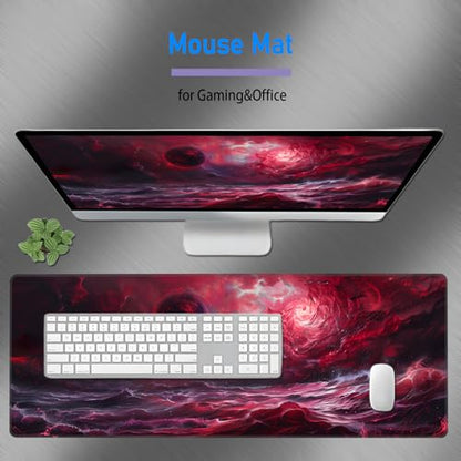 Large Red Cool Gaming Mouse Pad,Wave Abstract Art Desk Mat,31.5x12in | XL Extended Dark Style Blood Moon Scarlet Sea E-sports Keyboard Mat with Stitched Edges for Men,80 x 30 cm - color: Red Abstract Art
