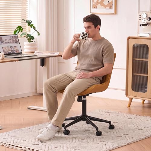 YOUNIKE Office Desk Chair with Wheels Armless Vanity Chair Modern Tan | Faux Leather Upholstered with Rocking Back, Swivel Height Adjustable Small Cute Computer Rolling Task Chair Ergonomic 300lb - color: Tan, size: Base Black