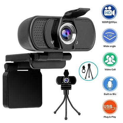 Full 1080P HD Webcam with Microphone, USB Webcam for Laptop and Desktop, External Web Camera, Streaming PC Web Camera with Privacy Cover and Tripod, Widescreen Web cam for Zoom Skype YouTube