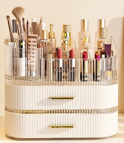 Large Makeup Organizer with Drawers, 360° Rotating Brush Holder | 3-Tier, Cosmetic storage for vanity, skincare, perfume, hair accessories, lipstick and jewelry, Cream White - color: Cream White, size: 3-layer