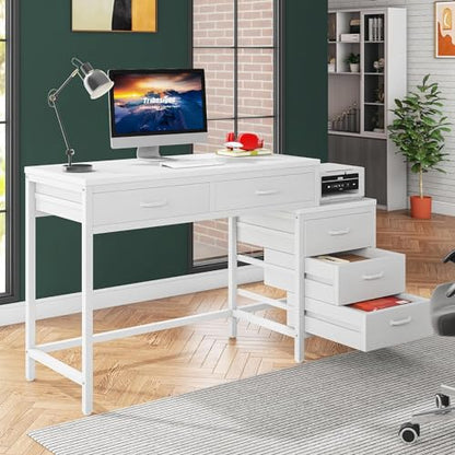 Tribesigns Computer Desk with 5 Drawers, Reversible Home Office Desks - color: White