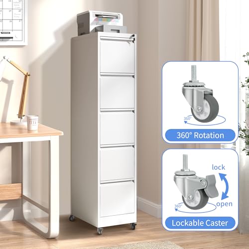 5 Drawer File Cabinet with Wheels, Metal Mobile File Cabinet with Lock, Rolling Filing Cabinet Home Office for Hanging File Folders, Letter Size, Legal Size, A4 Size, Require-Assembled, White - color: White, size: 64.10"H-5 Drawer