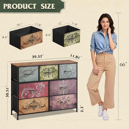 WLIVE 7 Drawer Dresser TV Stand, Entertainment Center, Media Console Table with Metal Frame and Wood Top for TV up to 45 inch, Chest of Drawers for Bedroom, Living Room, Pattern - color: Pattern