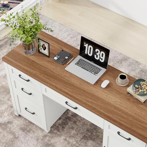Vabches Farmhouse 61'' Rustic Office Desk with 5 Drawers(Unique White) - color: Unique White, size: 61"W