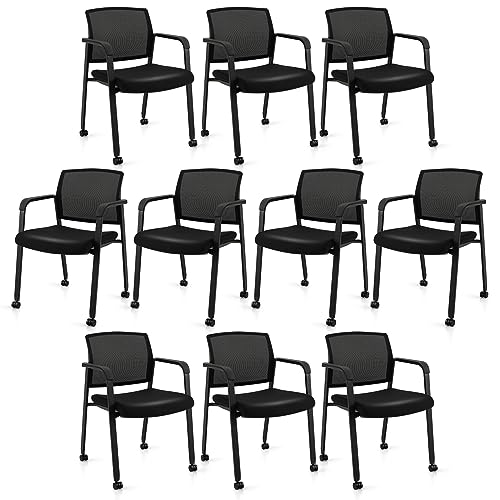 Tangkula Rolling Conference Room Chairs Set of 10, Stackable Office Guest Mesh Chairs with Armrests and Wheels, Ideal for Waiting Room Office, School, Lobby (Black) - color: Black, size: Set of 10