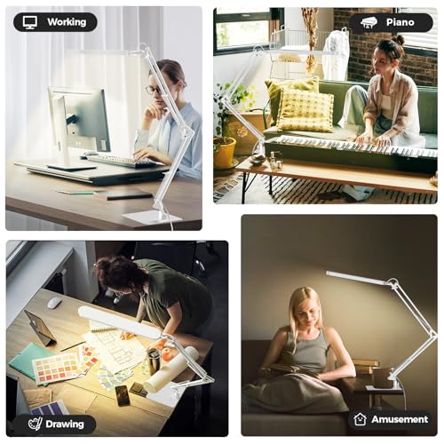 SKYLEO LED Desk Lamp with Slim Base - Adjustable Swing Arm Desk Light, Dimmable, Timer, Eye Protection, Memory Function, 1300LM, 12W, White - style: White swing arm with Base