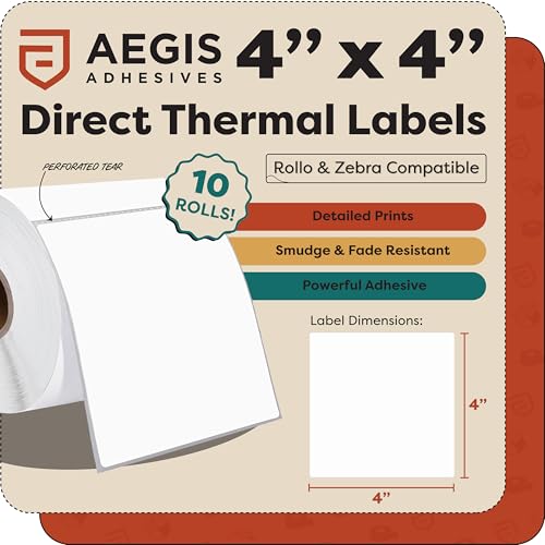 4" X 4” Direct Thermal Labels (3500 Count, 10 Rolls) Perforated | Postage Shipping Labels, UPC Barcode Stickers for Inventory - Compatible With Zebra and Rollo Printers - Aegis Adhesives - size: 4" X 4"