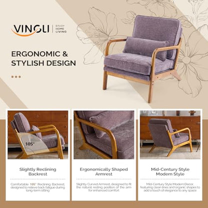 VINGLI Chenille Mid-Century Modern Accent Chair Set of 2, Cute Reading Arm Chair with Cushion & Lumbar Pillow & Solid Wood Frame for Lounge, Living Room, Reading Room, Bedroom, Light Purple - color: Light Purple