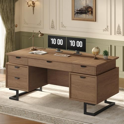 63" W x 27.6" D Executive Desk with 2 Cabinets & Power Outlet - color: Wood Grain Brown, size: Geometric Metal Legs