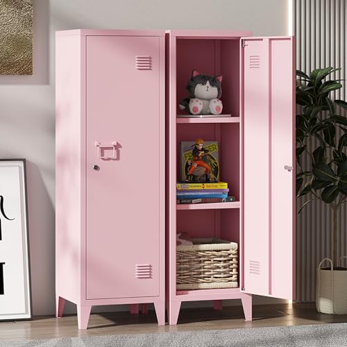 Steehoom Locker Cabinet, 59" H Pink Metal Locker Storage Cabinet for Employees with Locking Door and 2 Shelves Kids Locker Tool File Cabinets for Garage - color: Pink, size: 50"H