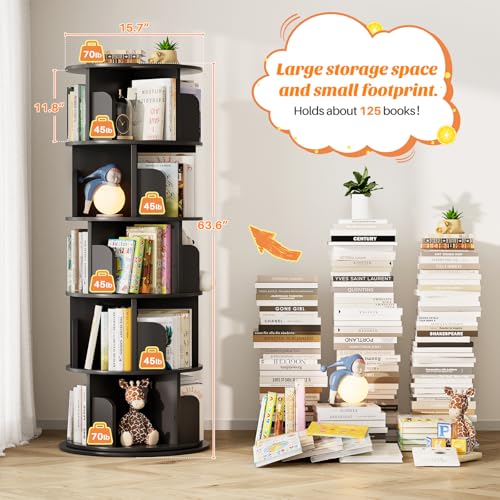 Aheaplus 5 Tier Wood Rotating Bookshelf, 360° Spinning Book Shelf Tower - color: Black, size: 5-Tier