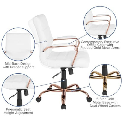 Flash Furniture Mid-Back LeatherSoft Executive Chair, White/Rose Gold - color: White Leathersoft/Rose Gold Frame