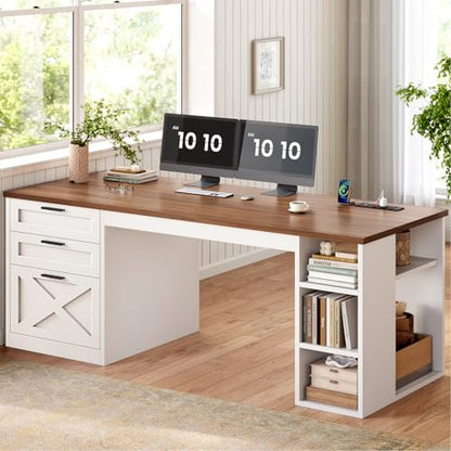 SEDETA 55.1" Farmhouse Office Desk with 3 Drawers for Home Office - color: White and Brown, size: Executive Office Desk (55")