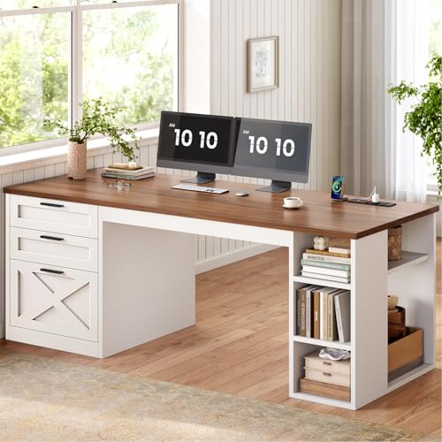 SEDETA 55.1" Farmhouse Office Desk with 3 Drawers for Home Office - color: White and Brown, size: Executive Office Desk (55")