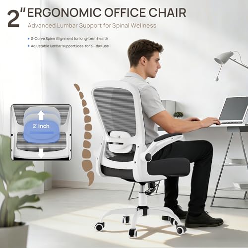 Mimoglad Ergonomic Office Chair - Desk Chair with Flip-up Armrests & 135° Recline, Adjustable Lumbar Support - Space-Saving Task Chair for Business/Team Office & Home (White Frame-Black, 300lbs) - color: White Frame-black