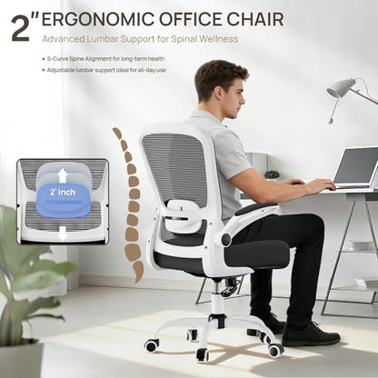 Mimoglad Ergonomic Office Chair - Desk Chair with Flip-up Armrests & 135° Recline, Adjustable Lumbar Support - Space-Saving Task Chair for Business/Team Office & Home (White Frame-Black, 300lbs) - color: White Frame-black