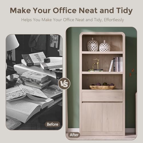72" Tall Modern Bookshelf with Doors, 5-Tier Large Bookcase w/Drawer, Wooden Storage Cabinet w/Adjustable Shelves, Versatile Book Shelf w/Curved Profile Design for Living Room, Office, Cream - color: Cream