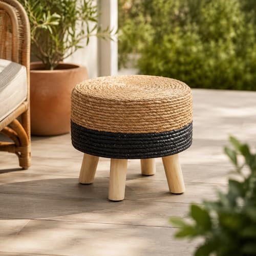 Wimarsbon Round Foot Stool Natural Seagrass Poufs Ottoman Hand Weave Footrest Stool for Couch Desk Extra Seat Step Stool with Solid Wood Legs for Hallway Patio Lounge Black - color: Black, size: 13"D x 13"W x 10.6"H