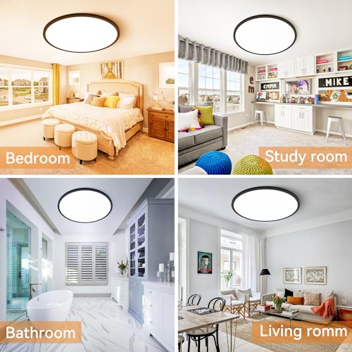 slochi 1PACK LED Flush Mount Ceiling Light Fixture, 3000K-4500K-6000K & 150W Equivalent Modern Kitchen Ceiling Lamp 36W 3600Lm 16 Inch Closet Round Surface for Bathroom Laundry Bedroom Hallway, Black - color: Black, size: 16Inch-1Pack