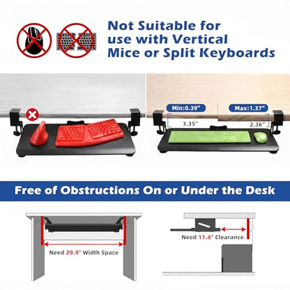 Under‑Desk Clamp Keyboard Tray, 26.77" Slide‑Out Tray, Black - color: Black
