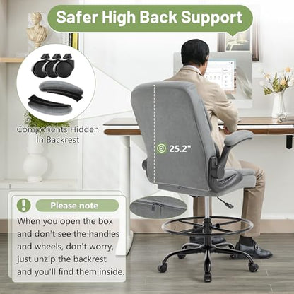 500LBS Drafting Chair, High Back Safer Standing Desk Chair, Executive Tall Office Chair with Flip-up Armrests, Upholstered Fabric Task Chair,Ergonomic Seat with Adjustable Height&Foot Ring,Light Gray - color: Light Gray
