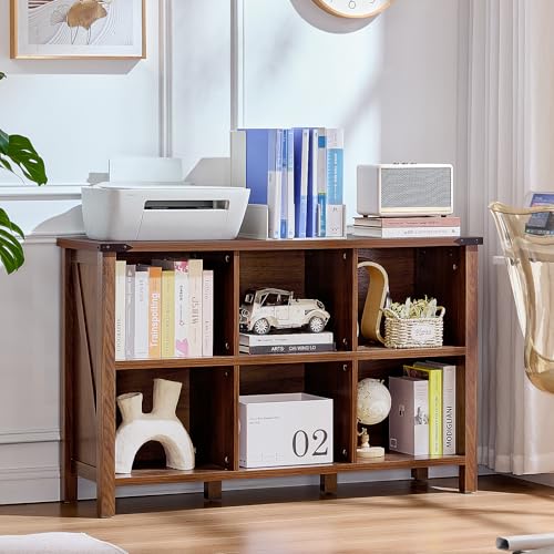 Joaxswe Farmhouse 6 Cube Book Shelf, Wood 3 Tier Storage Organizer Bookshelf, Brown Walnut 47" Horizontal Cubby Bookcase with Legs, Rustic Entryway Book Case, Long Display Cabinet for Bedroom, Office - color: Brown Walnut, size: 6 Cube (13.6"D x 47.24"W x