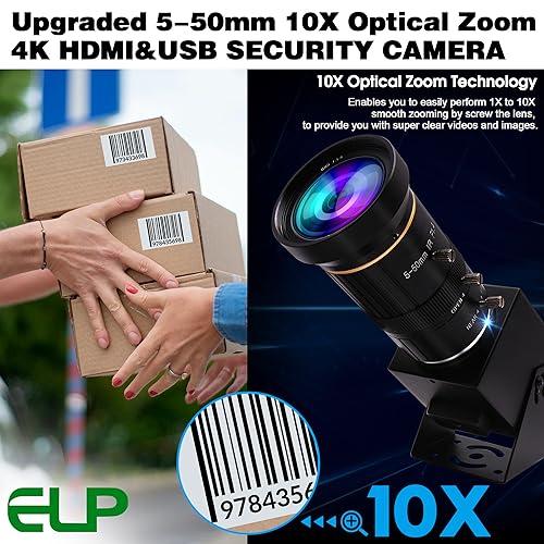 ELP 4K USB HDMI USB Camera Manual Zoom Webcam Variable Focus PC Camera Mini Close-up Camera for Computer H.264 Telescope USB Security Camera 8mp IMX415 Industrial CCTV Camera (5-50mm 10X Zoom Lens) - color: 5-50mm 10X zoom lens