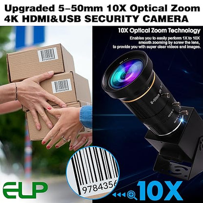 ELP 4K USB HDMI USB Camera Manual Zoom Webcam Variable Focus PC Camera Mini Close-up Camera for Computer H.264 Telescope USB Security Camera 8mp IMX415 Industrial CCTV Camera (5-50mm 10X Zoom Lens) - color: 5-50mm 10X zoom lens