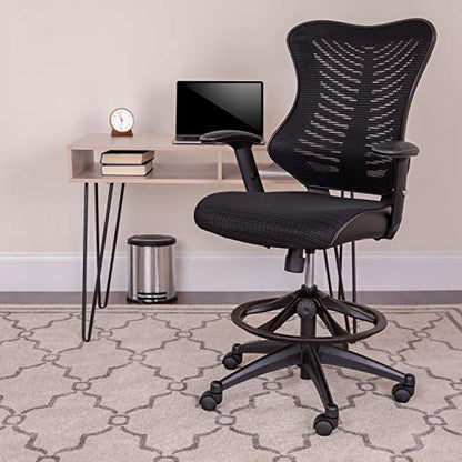 Flash Furniture LeatherSoft Adjustable Drafting Chair, Black | Leather soft Sides, High-Back, Mesh Back