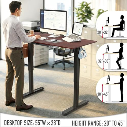 SHW 55 x 28 Electric Height Adjustable Standing Desk w/Drawer, Cherry - color: Cherry, size: 55-Inch