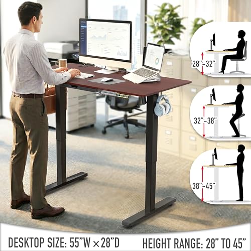 SHW 55 x 28 Electric Height Adjustable Standing Desk w/Drawer, Cherry - color: Cherry, size: 55-Inch