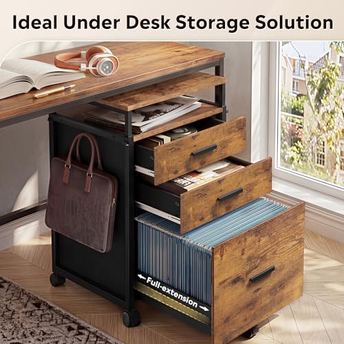 DEVAISE 3 Drawer File Cabinet with Adjustable Shelves, Rustic Brown | Rolling Wooden Filing Cabinet Mobile Printer Stand for Home Office, 15.7" D x 17.7" W x 40.3" H - color: Rustic Brown, size: 3 Drawer