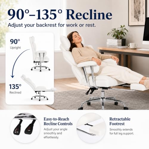 Big and Tall Office Chair, Ergonomic Executive Desk Chair with Footrest and Lumbar Support, Heavy Duty PU Leather Reclining Computer Chair with Extra Wide Seat for Home Office, Beige - color: Beige