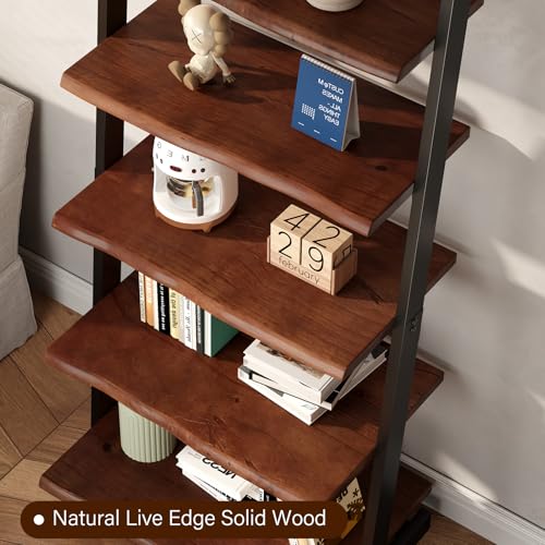 IBF 5-Tier Solid Wood Ladder Bookshelf with Natural Live Edge | Rustic Walnut Storage & Display Leaning Bookcase, Modern Space-Saving Shelf for Living Room, Bedroom, Home Office - size: 5 Tier