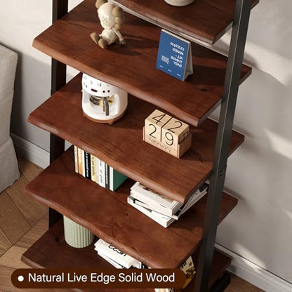 IBF 5-Tier Solid Wood Ladder Bookshelf with Natural Live Edge | Rustic Walnut Storage & Display Leaning Bookcase, Modern Space-Saving Shelf for Living Room, Bedroom, Home Office - size: 5 Tier