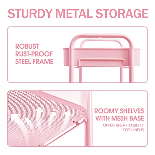TOOLF 3 Tier Metal Rolling Cart, Utility Storage Cart with Wheels, Pink | Screwless Assembly, Lockable Metal Wheels, Trolley Organizer for Bathroom, Kitchen, Office, Dorm, Laundry, Craft Room - color: Pink, size: 3-Tier