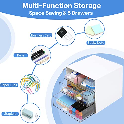 Desk Organizer with 5 Drawers, Rectangular Office Stationery Supplies Desktop Drawers, Plastic Makeup Storage, Suitable for Office, School, Home (White & 5 Drawers) - color: White & 5 Drawers